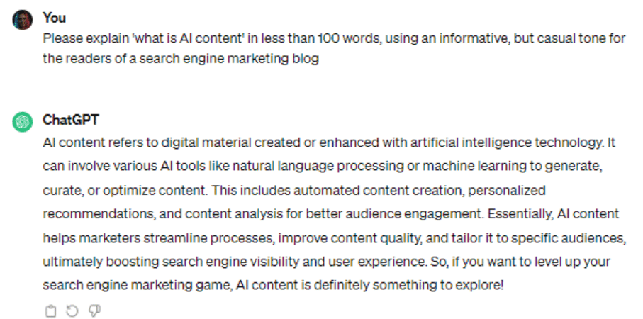Screenshot of a CHATGPT response describing 'what is AI?'