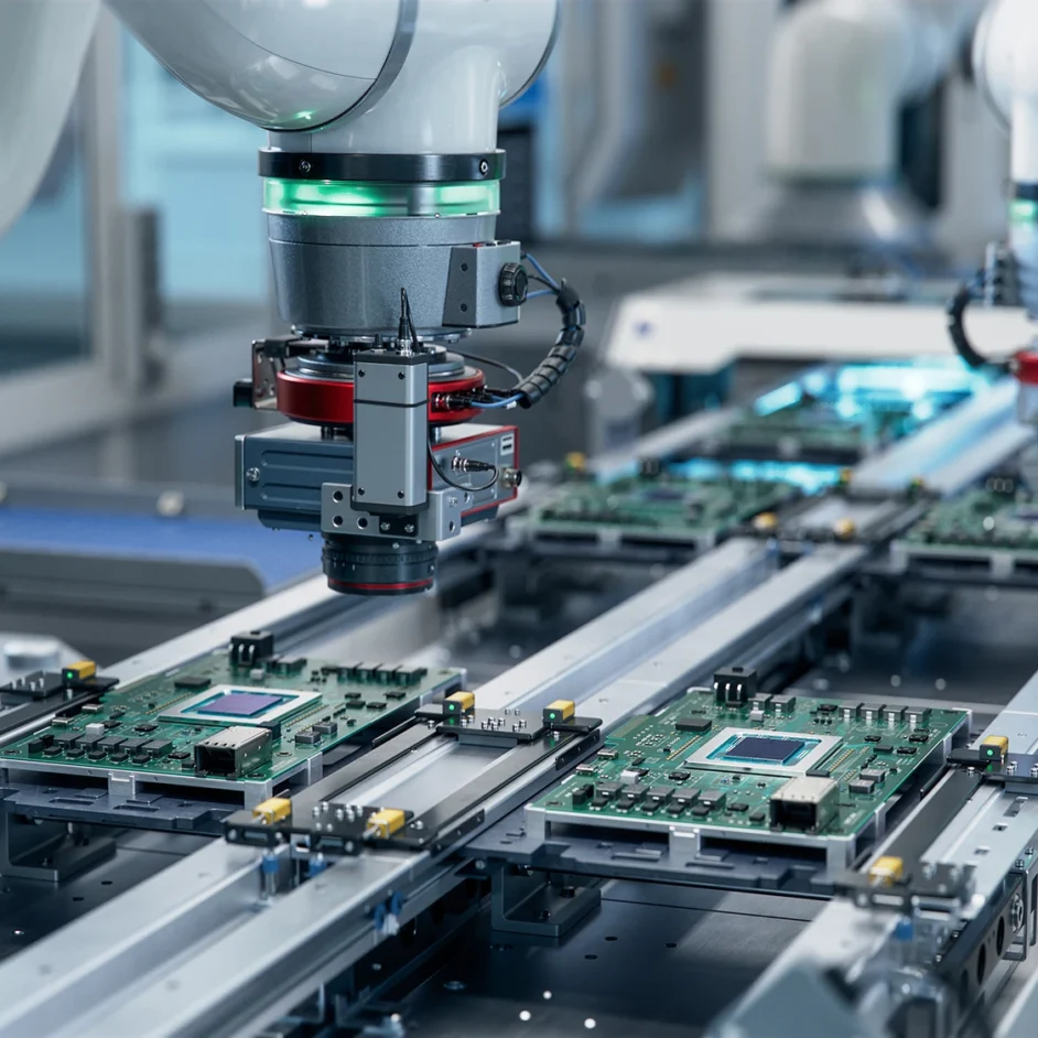 Robots assembling products on a factory production line, showcasing automation in manufacturing.