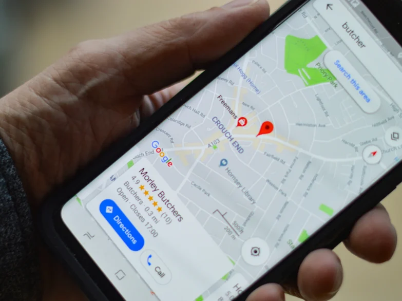 Google Maps accessed on a mobile phone, allowing users to explore locations easily online.